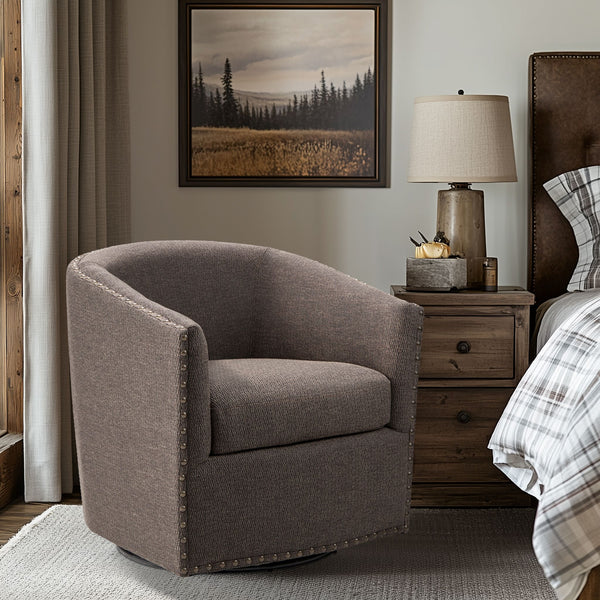 JLA Home Madison Park - Upholstered Swivel Barrel Chair with Nailheads and 360° Metal Base, Plush Foam Cushion, Versatile Elegance Chocolate MP103-0481