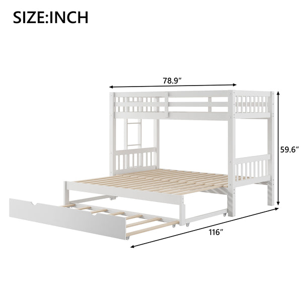 English Elm Twin over Pull-out Bunk Bed with Trundle and Wheels, Space-Saving Pine/MDF Frame Sleeps Four Crowd-Friendly Design White GX000301AAK