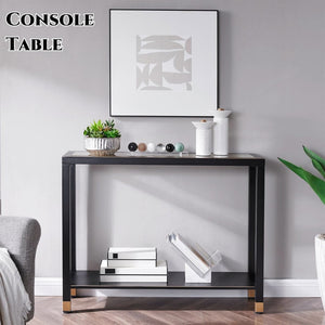 English Elm Glass Console Table Two Tier Tempered Shelf Narrow Foyer Entryway Gold Metallic Frame Black+Gold W3587P456228