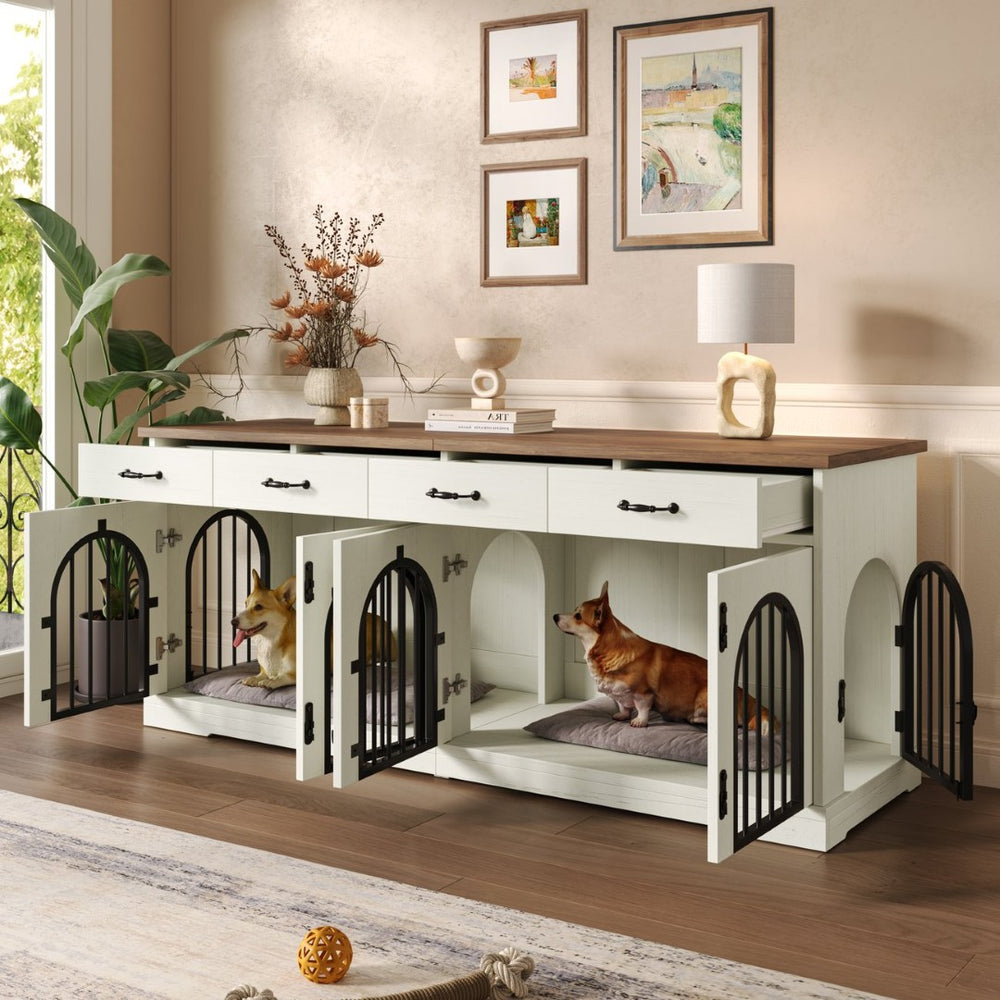 English Elm 70.8" Dual Dog Kennel Console Mdf Cabinet with Arched Iron Doors and Four Drawers N704G201616A