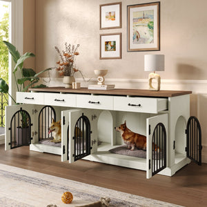 English Elm 70.8" Dual Dog Kennel Console Mdf Cabinet with Arched Iron Doors and Four Drawers N704G201616A