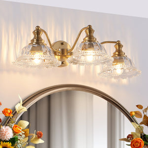 English Elm 24 Vintage 3-Light Wall Sconce with Iron and Glass Shades – Stylish Hardwired Vanity Fixture for Bathroom Mirror Gold W2312P374845