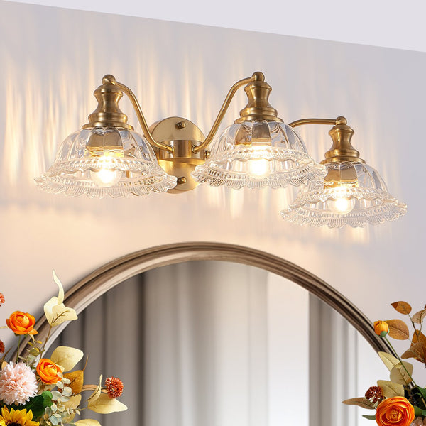 English Elm 24 Vintage 3-Light Wall Sconce with Iron and Glass Shades – Stylish Hardwired Vanity Fixture for Bathroom Mirror Gold W2312P374845