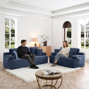 English Elm Boneless Floor Sofa Corduroy Upholstered 5 Seat Low Profile with Cup Holders for Living Room Blue W1117S00433