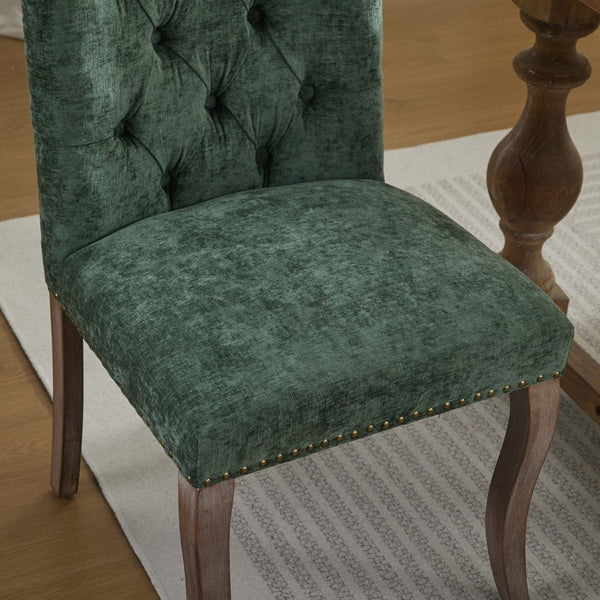 English Elm Upholstered Chenille Tufted Dining Chairs Set of 2 with Curved Wood Legs Club Style Olive Green W1143P457782