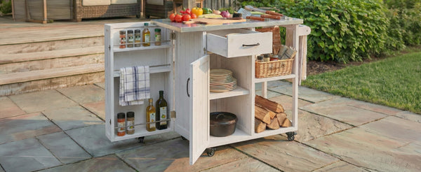 English Elm Foldable Outdoor Kitchen Cart with Stainless Worktop Fir Wood Frame and Lockable Wheels White N719P380278K