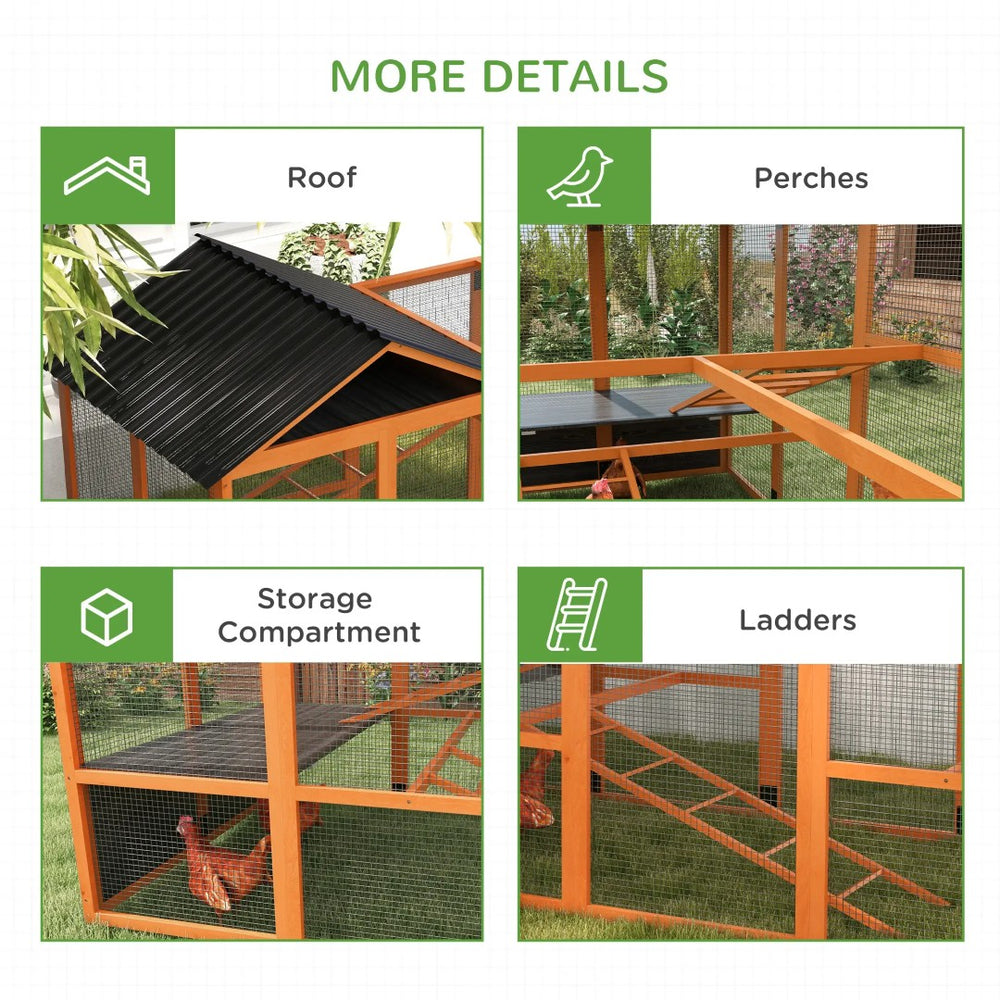 English Elm Wooden Backyard Chicken Run for Large Flocks with Dual Ladders and Rooftop Storage T3971S00066