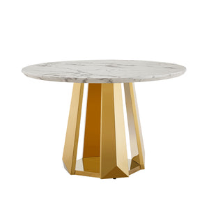English Elm 47" Round Marble Dining Table - Modern High Gloss Faux Marble Top & Stainless Steel Base For Stylish Spaces W3456S00010