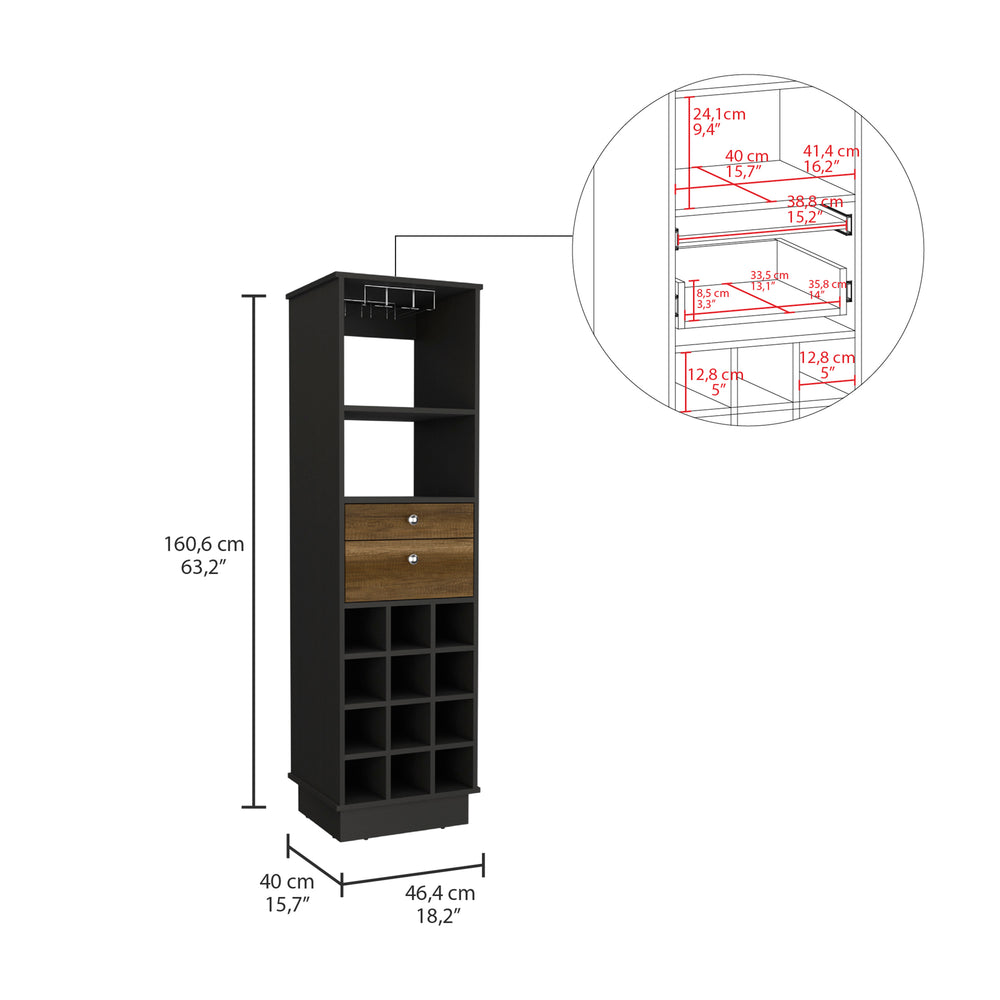 English Elm Classic Bar Cabinet with 12-Bottle Wine Rack, Two Drawers & Shelf, Black/Walnut Modern Storage B200S00100
