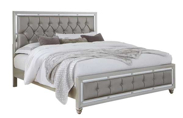 English Elm CHLOE Gemstone Silver Full Bed Frame with Mirror Trim, Detailed Stitching, Solid Wood Support Silver+Grey 60 L x 24.25 W x 6.88 H B201S00054