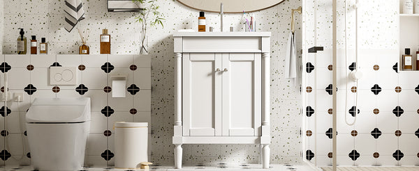 English Elm 24'' Modern Bathroom Vanity with Ceramic Basin, Solid Wood Frame, Soft-Close Doors, Ample Storage White N710P190503K