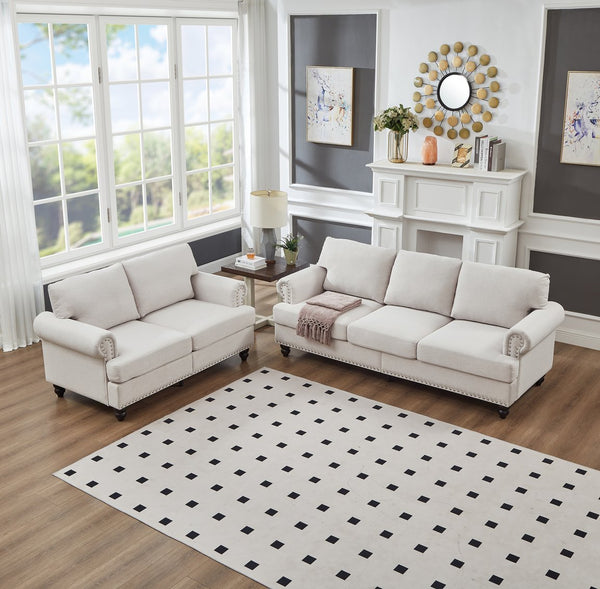 English Elm Modern Classic Living Room 2+3 Seater Sofa Set with Nailhead Trim, Removable Covers, Coil Springs, Hidden Storage Beige W1097S00173