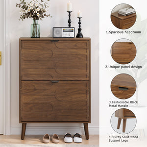 English Elm Medieval Modern Independent Shoe Cabinet 23.62" Walnut | Farmhouse MDF Shoe Storage, 2 Flip Drawers, Sturdy Anti-Tip Safety W1706P372249