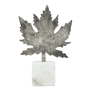 English Elm 7x3x10.5" Aluminum Leaf Sculpture on Marble Base — Elegant Silver Finish, Modern Home Accent, Gift Idea W2078P361046