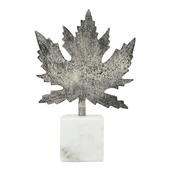 English Elm 7x3x10.5" Aluminum Leaf Sculpture on Marble Base — Elegant Silver Finish, Modern Home Accent, Gift Idea W2078P361046