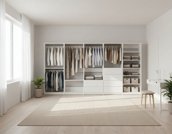 English Elm Prosper White Freestanding Walk-In Wood Closet System with Oak Finish, Durable Melamine Build, Modular Storage Solutions B040S00135