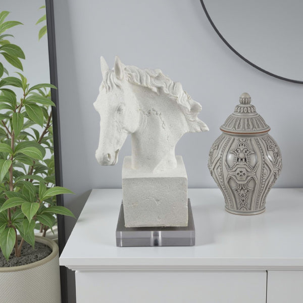 English Elm Horse Head Sculpture White Resin Bust with Gray Acrylic Base Gallery Tabletop Art B056P417007