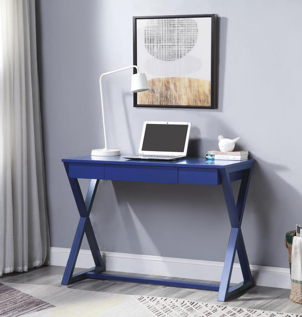 English Elm Rectangular Twilight Blue Writing Desk with Hidden Drawer, Poplar & MDF, X-Base Support, Modern Charm B016P322885