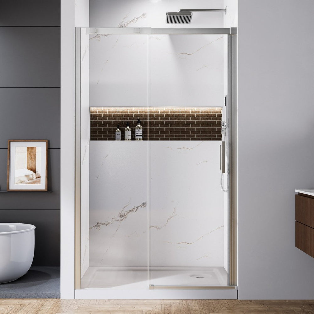 English Elm 44--48" Sliding Tempered Glass Shower Door Brushed Nickel Frameless Spa Bath W637P382566