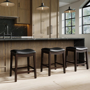 English Elm 26in. Counter Height Hardwood Barstool Nailhead Faux Leather Seat Kitchen Dining Black B2751P436418