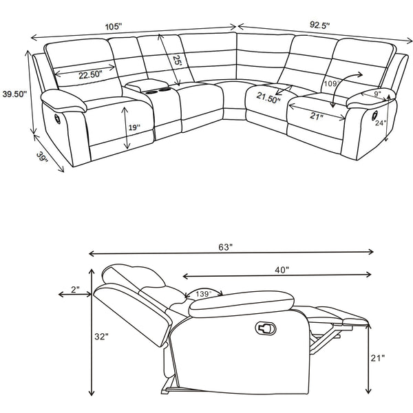 English Elm Aaron Smoke 3-piece Upholstered Sectional with Dual Recliners, Lift-Top Storage Consoles & Cup Holders, Smoke Performance Fabric Lounge B062S01015