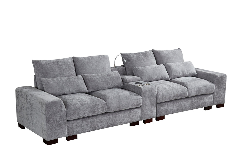 English Elm Modern Sectional Sofa with Console USB Charging and Reading Light, Velvet Microfiber, Solid Wood Frame Light Gray B205S00084