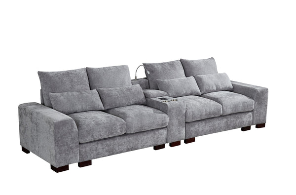 English Elm Modern Sectional Sofa with Console USB Charging and Reading Light, Velvet Microfiber, Solid Wood Frame Light Gray B205S00084