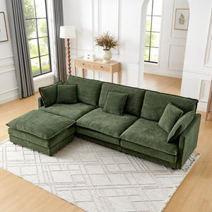 English Elm Modern Sectional Convertible Sofa with Ottoman, Oversized L-Shaped 4-Seater Towel Fabric Comfort Green W1413S00081