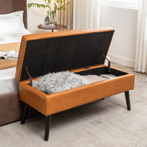 English Elm Storage Bench Upholstered Linen Entryway Ottoman with 300 lb Capacity, Hidden 7.8" Storage, Solid Wood Legs Brown W2200P152167