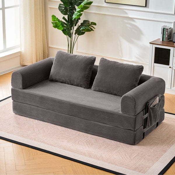 English Elm Convertible Corduroy Sleeper Sofa Foldable Three Seat Couch for Studio or Bedroom Dark Gray W3366P447131