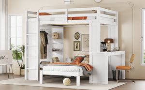 English Elm Full Solid Wood Loft Bed with Removable Lower Bed, Built-In Desk, Shelves & Wardrobe for Space-Saving Designs White W1580S00211