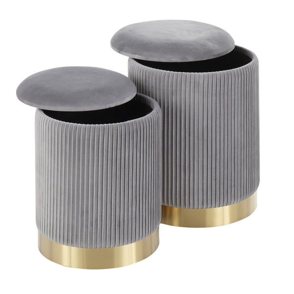 English Elm Marla Pleated Nesting Ottoman Set – Lux Velvet Upholstery with Gold Metal Base, Space-Saving Chic Grey B202P223735