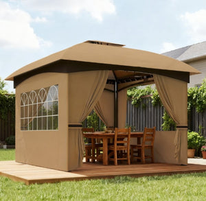English Elm Double Tier Outdoor Gazebo with Arched Windows Steel Frame and Uv Resistant Polyester Canopy Beige T3971P426830