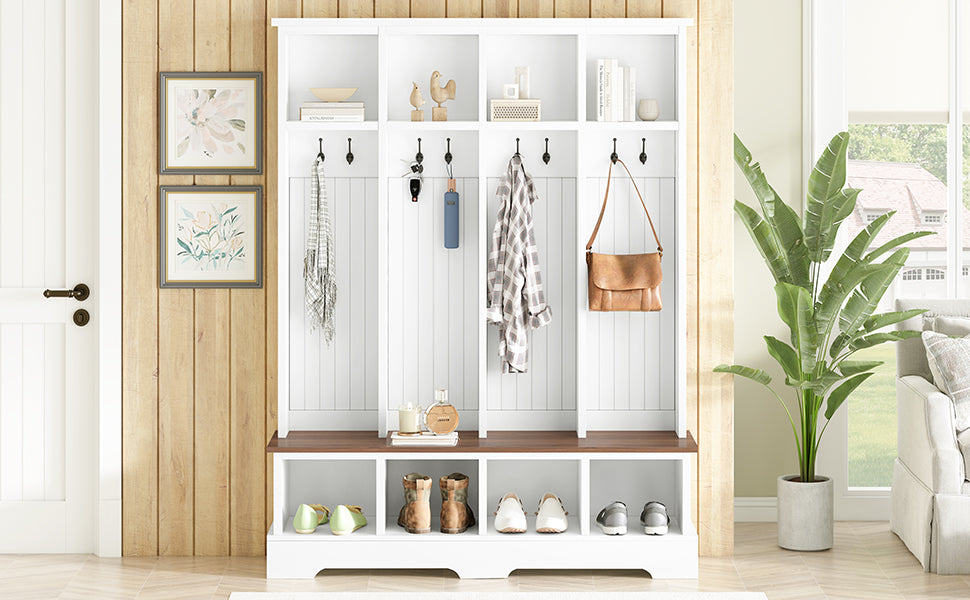 English Elm ON-TREND Farmhouse 59" Wide Hall Tree with 8 Hooks, Rustic Bench & Open Compartments for Organized Entryway White N721P292601K