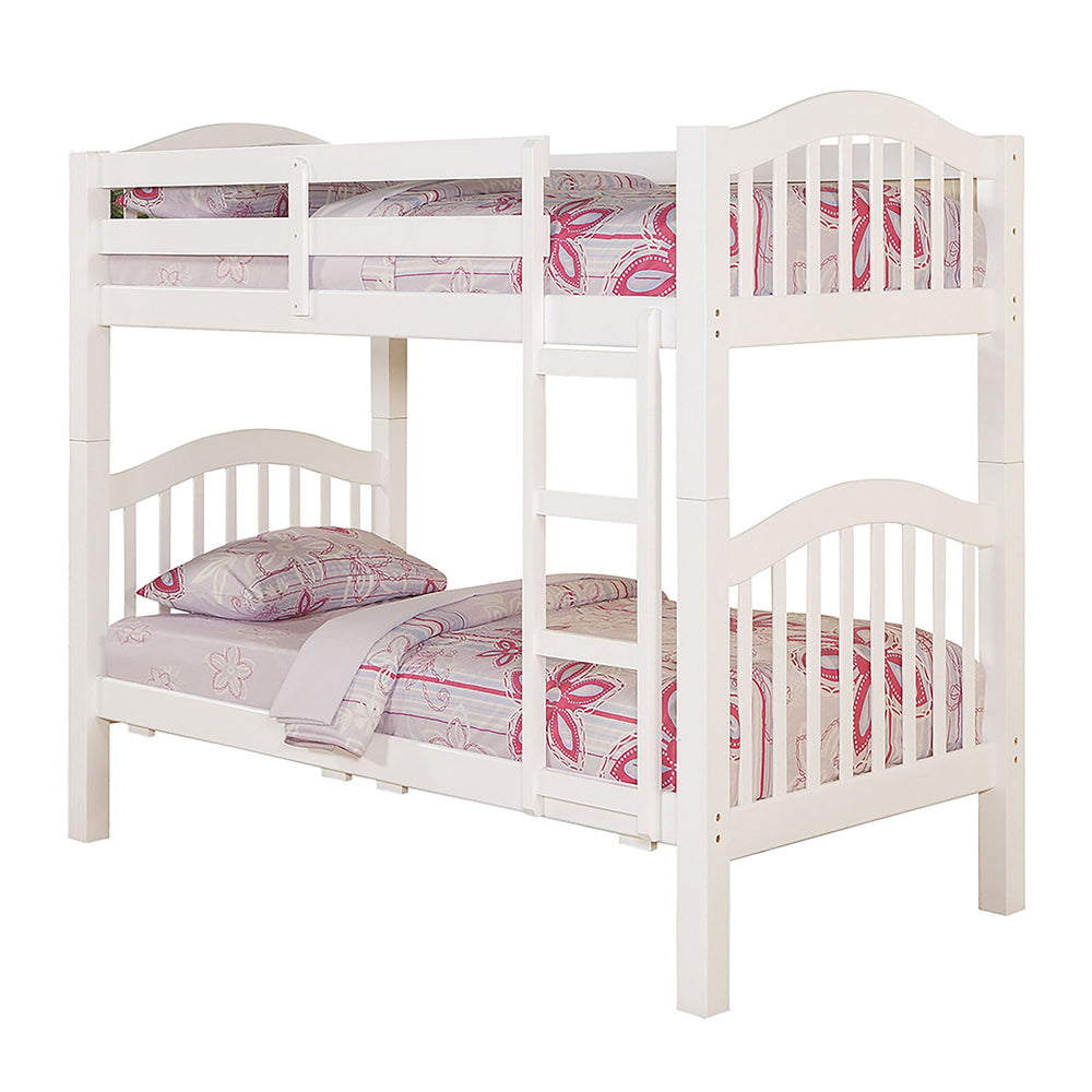 English Elm Heartland White Twin/Twin Bunk Bed with 14+14 Slat System, Convertible, Ladder & Guard Rail B2726S00230