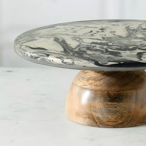 English Elm Carbon Carbon Ceramic and Wooden Cake Stand — Sleek Black Dessert Display, 9.8" Round, Durable Wooden Base, Elegant Giftable Centerpiece B346P336926