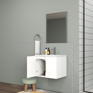 English Elm 24-Inch Wall-Mounted Bathroom Vanity & Mirror Combo - Modern Glossy White, Gold Handles, Soft Close W3151S00033