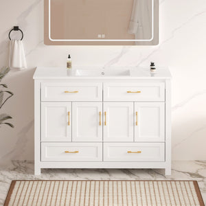 English Elm 48" White Bathroom Vanity with Resin Sink 4 Soft Close Doors Drawers Mdf Cabinet W3133S00027