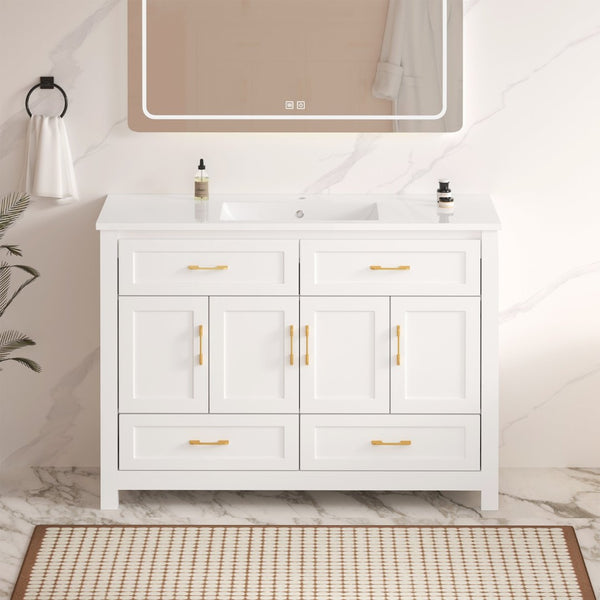 English Elm 48" White Bathroom Vanity with Resin Sink 4 Soft Close Doors Drawers Mdf Cabinet W3133S00027