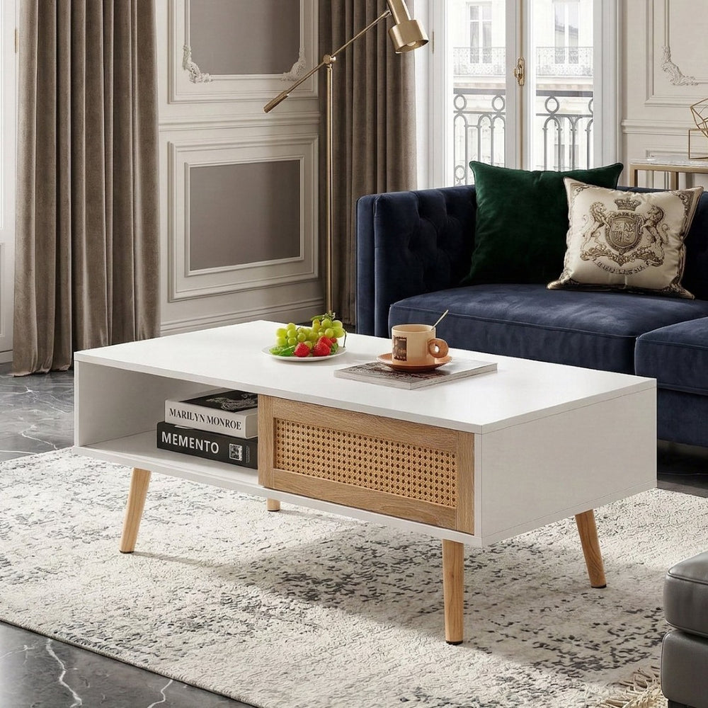 English Elm 41.34" Rattan Panel Coffee Table with Sliding Storage Door and Solid Wood Legs W1265107718