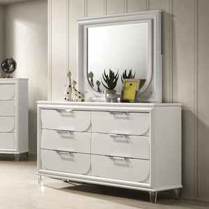 English Elm Contemporary Glam Acrylic-Handled 6-Drawer Dresser with Embossed Panels, Felt-Lined Jewelry Drawer White 57 L x 20 W x 35 H B2741P353128