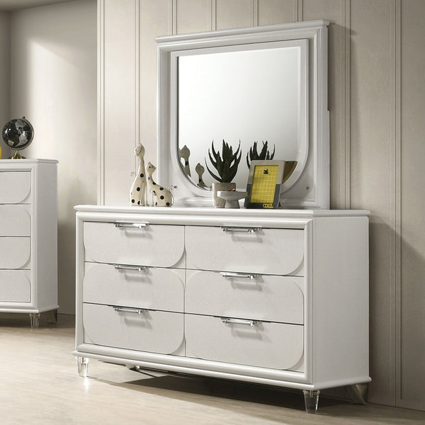 English Elm Contemporary Glam Acrylic-Handled 6-Drawer Dresser with Embossed Panels, Felt-Lined Jewelry Drawer White 57 L x 20 W x 35 H B2741P353128