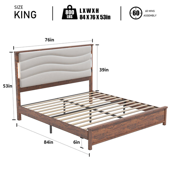 English Elm King Upholstered Bed Frame with LED Lights & Charging Station, Rivet Detail, Wood Slat Platform Brown Grey W636P176802
