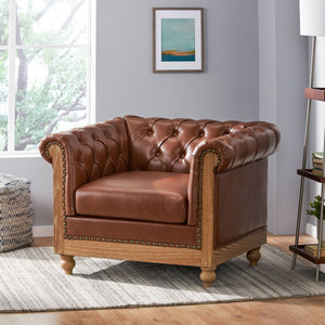 English Elm Christopher Knight Home® - CLUB Club Chair Chesterfield-Inspired Tufted PU Upholstery with Nailhead Trim, Scrolled Arms, Turned Legs Light Brown 39.25 L x 34.25 W x 25 H 72069.00COGN