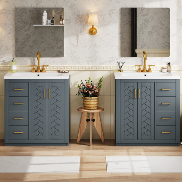 English Elm 60'' Bathroom Vanity Set With Ceramic Sink - Stylish Solid Wood Frame, Soft-Closing Drawers & Doors N710SS00001C