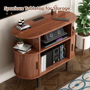English Elm Large Mid Century Walnut Turntable Stand with Vinyl Storage and Built in Usb Charging W2641P442531