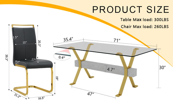 English Elm Table Elegant Transparent Glass Dining Set - 71"X35.4" With 8 Stylish Black Pu Chairs & Gold Legs W1151S02362-GIGA