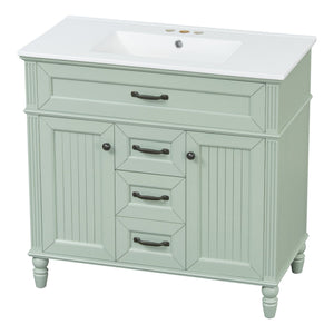 English Elm 36 Inch Bathroom Vanity with Ceramic Sink, Durable MDF & Solid Wood Frame, Soft-Close Doors, Luxe Handles, Ample Organized Storage, Modern Freestanding Design Green N725P314034F