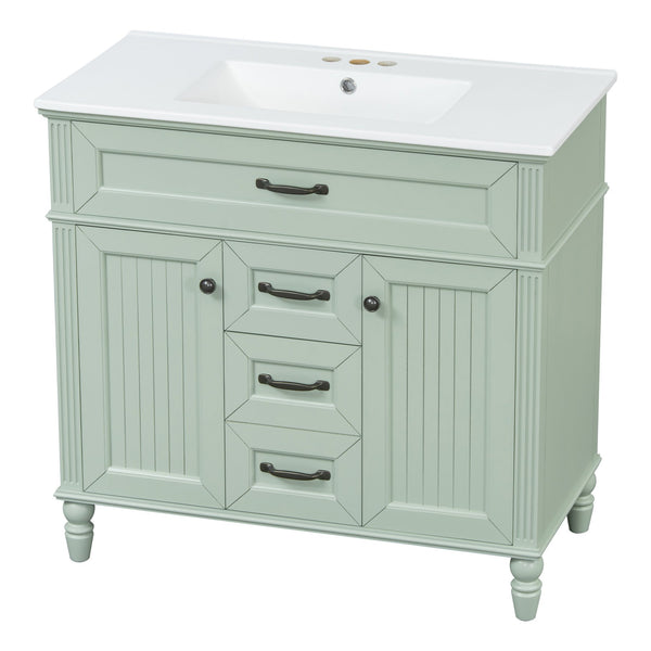 English Elm 36 Inch Bathroom Vanity with Ceramic Sink, Durable MDF & Solid Wood Frame, Soft-Close Doors, Luxe Handles, Ample Organized Storage, Modern Freestanding Design Green N725P314034F