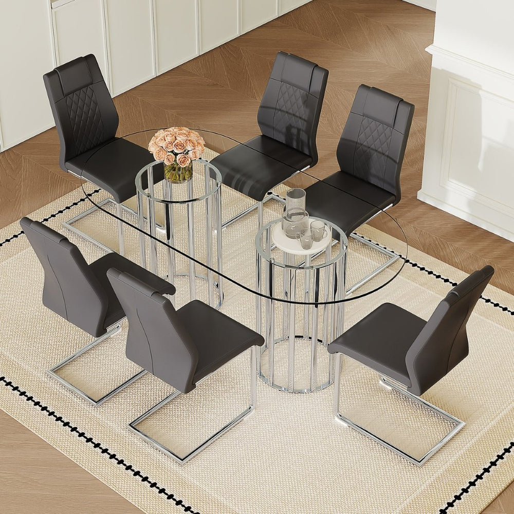 English Elm Table and Chair Set Oval Glass Top Twin Column Base with Six Pu Leather Seats Dark Gray,Silver,Transparent W1151S04734